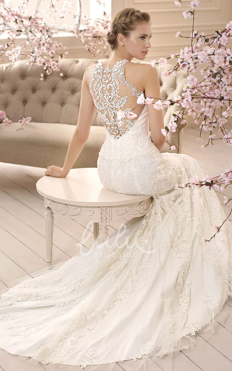 High-Neck Appliqued Lace Wedding Dress Sleeveless Sheath Dress for 2024 Brides