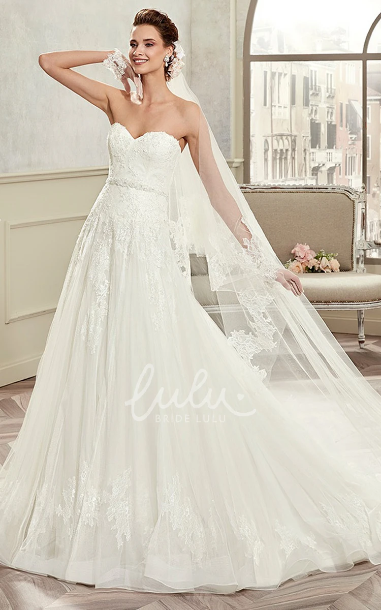 Lace A-Line Sweetheart Wedding Dress with Appliques and Brush Train