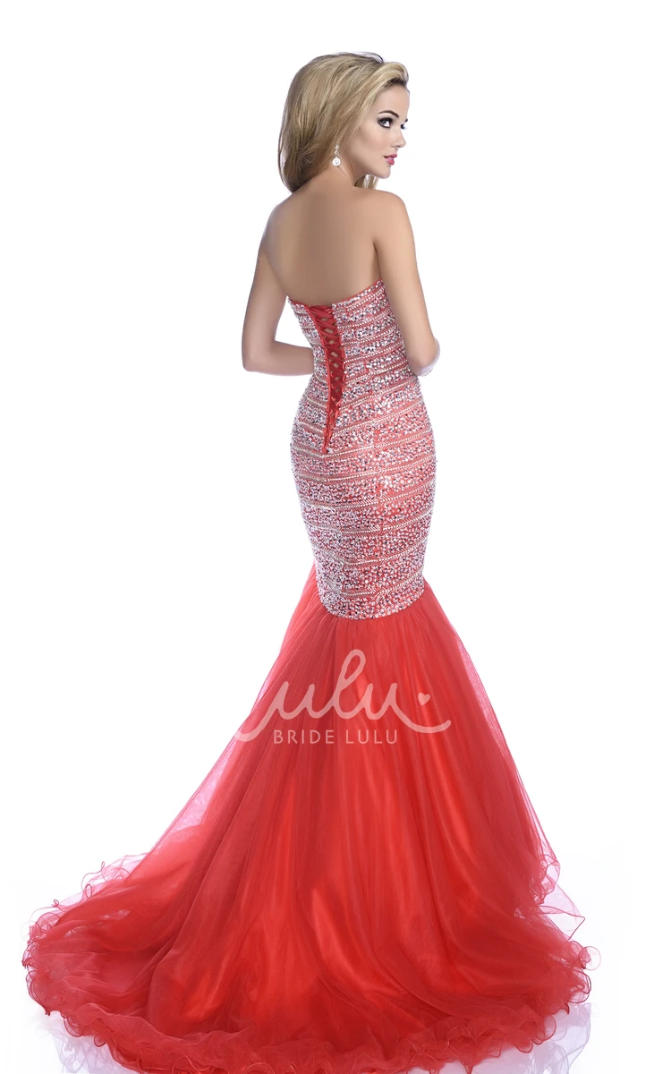 Mermaid Tulle Sweetheart Prom Dress with Crystal and Lace-Up Back