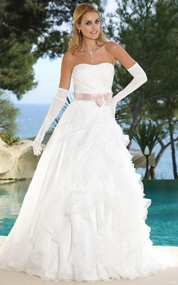 Strapless A-Line Organza Wedding Dress with Ruffles and Flower