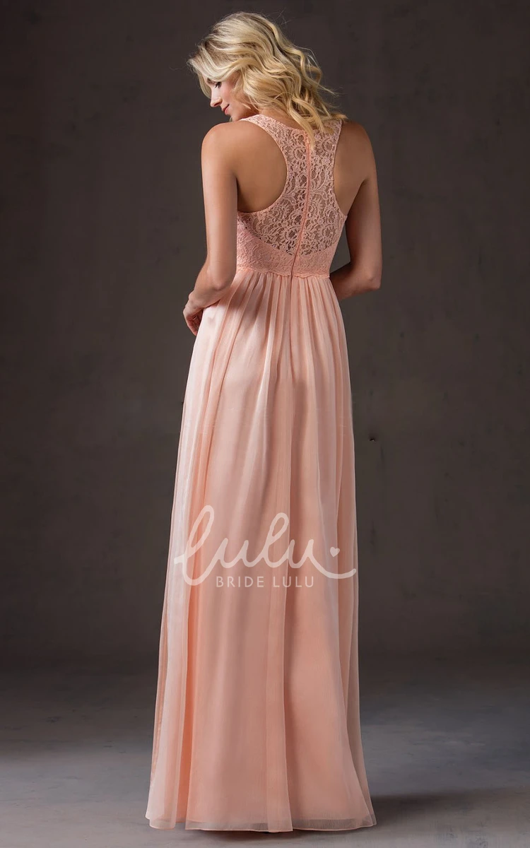 A-Line Lace Bodice Long Gown with Pleats Bridesmaid Dress