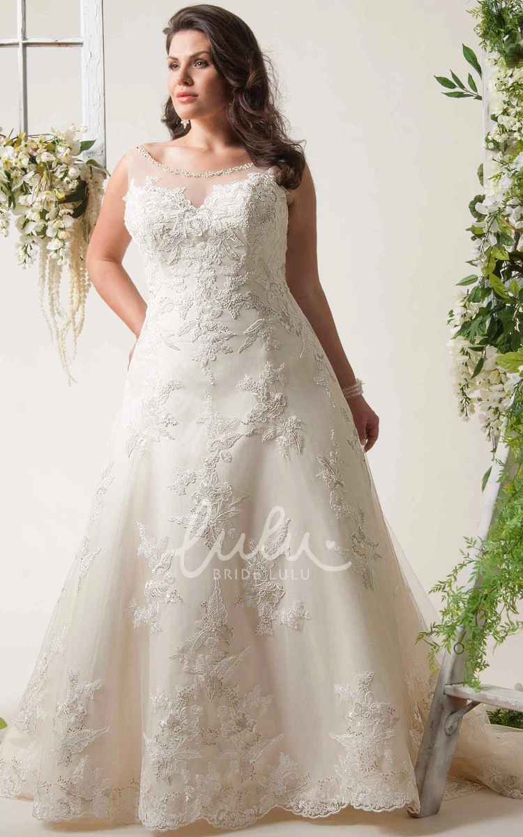 Illusion Sleeveless Lace Plus Size Wedding Dress with Scoop Neckline