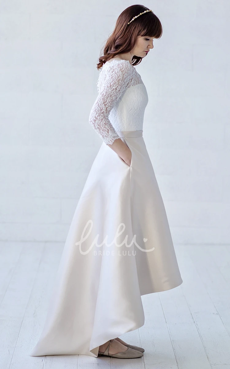 Off-the-shoulder High-low Lace and Satin Wedding Dress with Illusion Sleeves Classy Wedding Dress