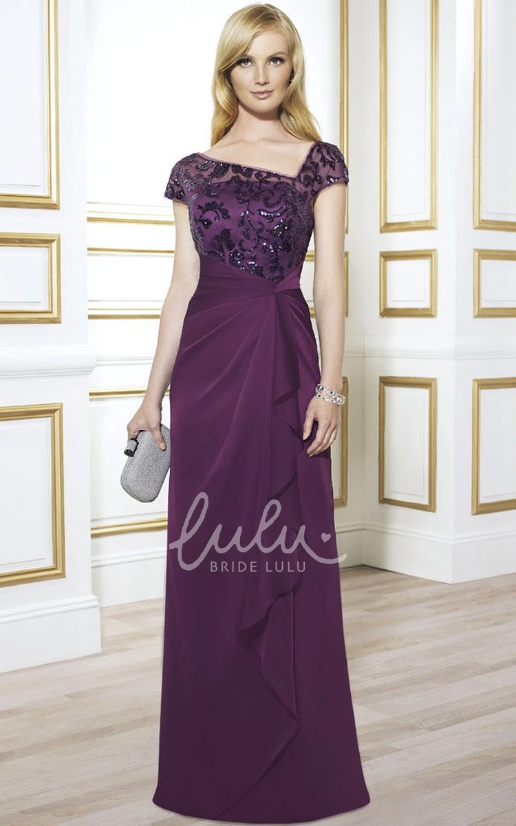 Sequined Cap-Sleeve Chiffon Formal MOB Dress with Illusion Back and Draping