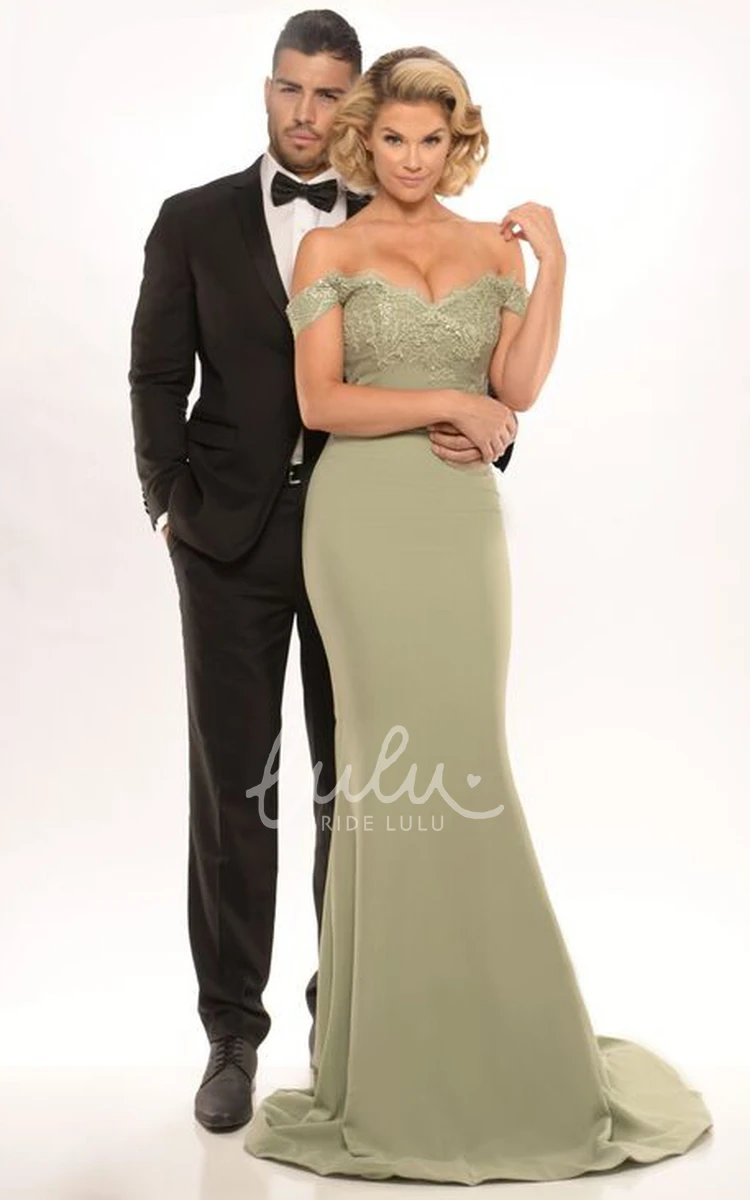 Off-The-Shoulder Appliqued Jersey Prom Dress with Sheath Silhouette