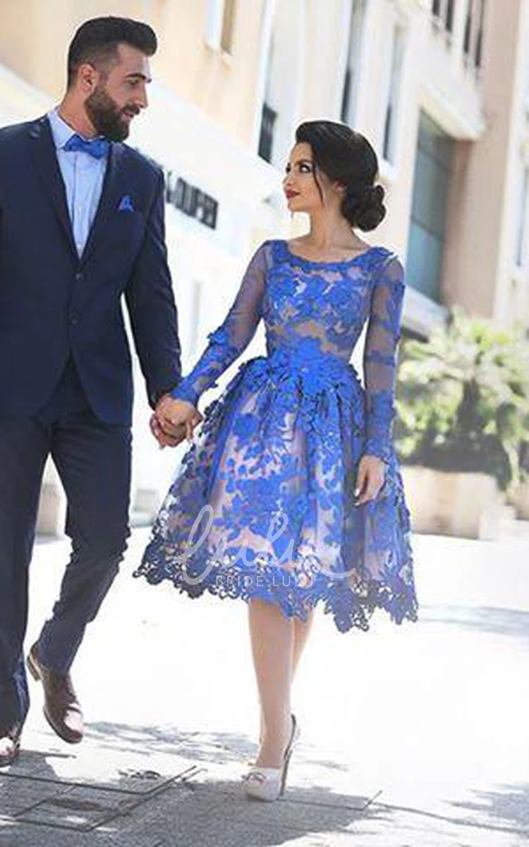 Long Sleeve Royal Blue Appliques Prom Dress Delicate