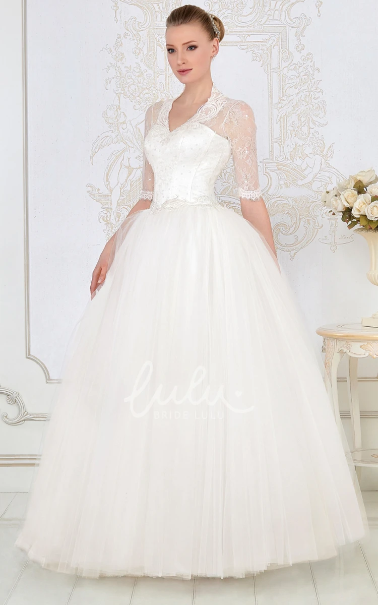 Ball Gown Tulle Wedding Dress V-Neck Illusion-Sleeves Beading Corset Back
