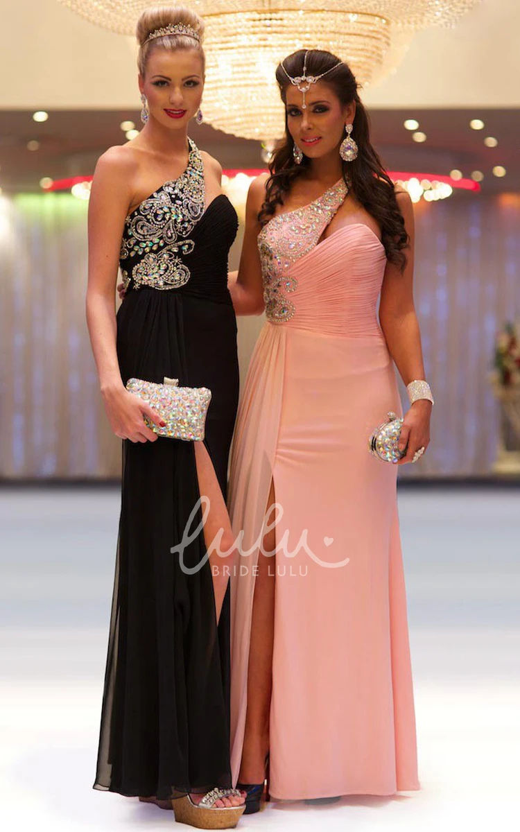 One-Shoulder Beaded Chiffon Prom Dress Sheath Maxi with Ruching and Split Front