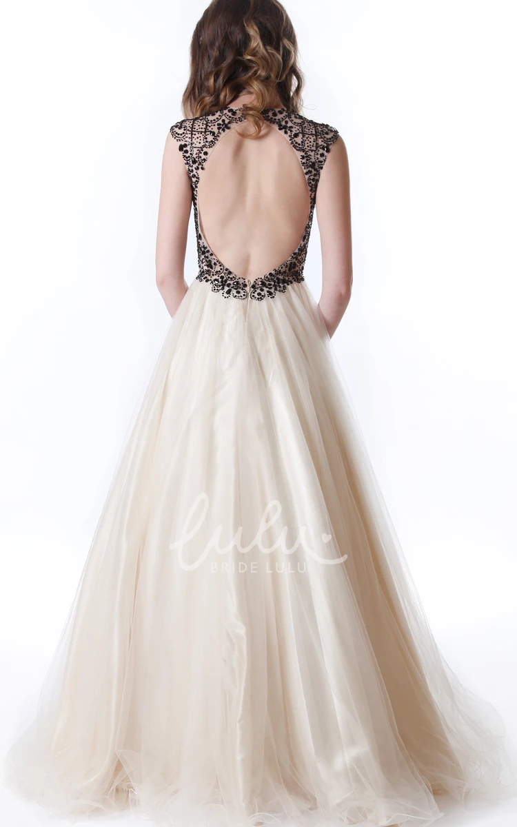 A-Line Maxi Beaded Cap-Sleeve Tulle Prom Dress With Pleats Beaded Maxi Tulle Prom Dress