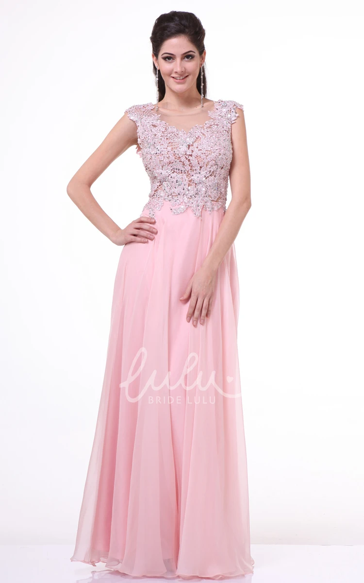 A-Line Chiffon Dress with Appliques and Pleats Scoop-Neck Bridesmaid Dress