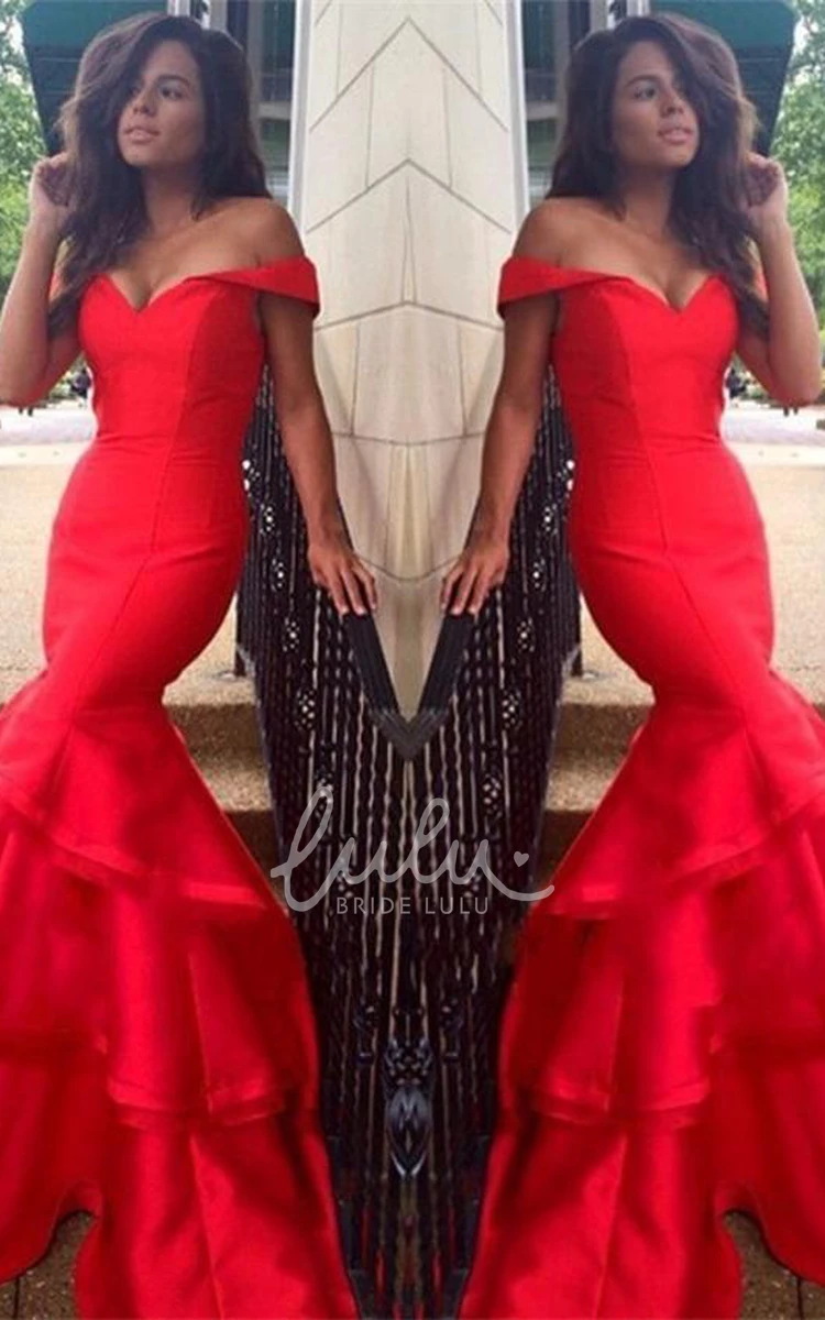 Red Off-Shoulder Mermaid Prom Dress with Ruffles and Sexy Look