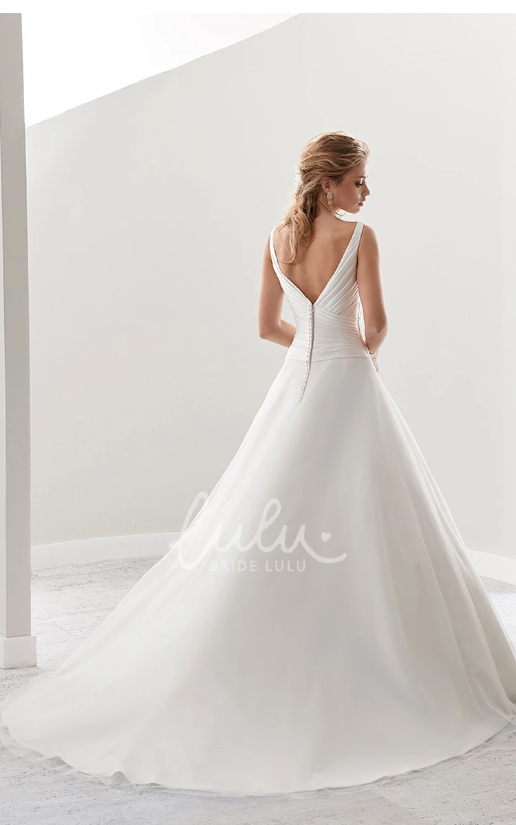 A-Line V-Neck Pleated Wedding Dress with Low-V Back and Brush Train