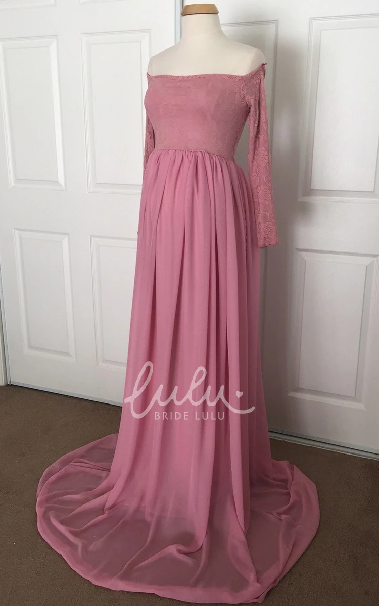 Off-the-shoulder Pleated Maternity Dress with Lace and Chiffon A-line