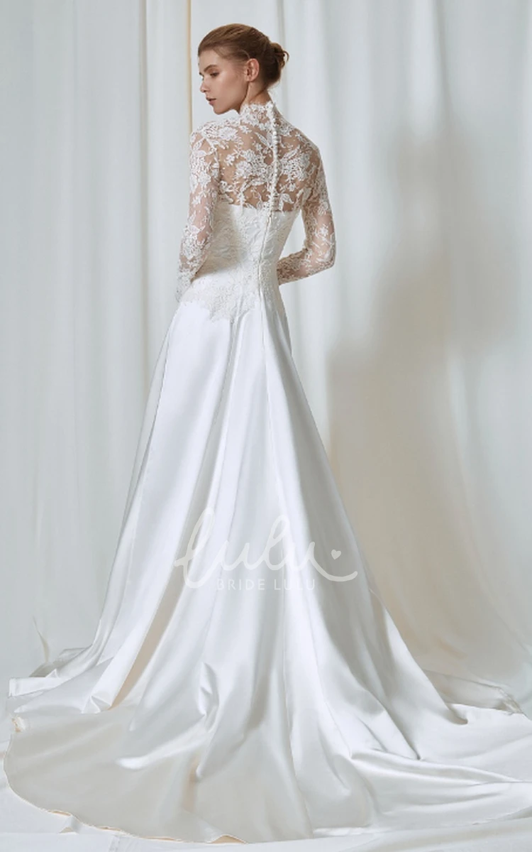 High Neck Lace Ball Gown A-Line Wedding Dress with Illusion Sleeve Classy Wedding Dress