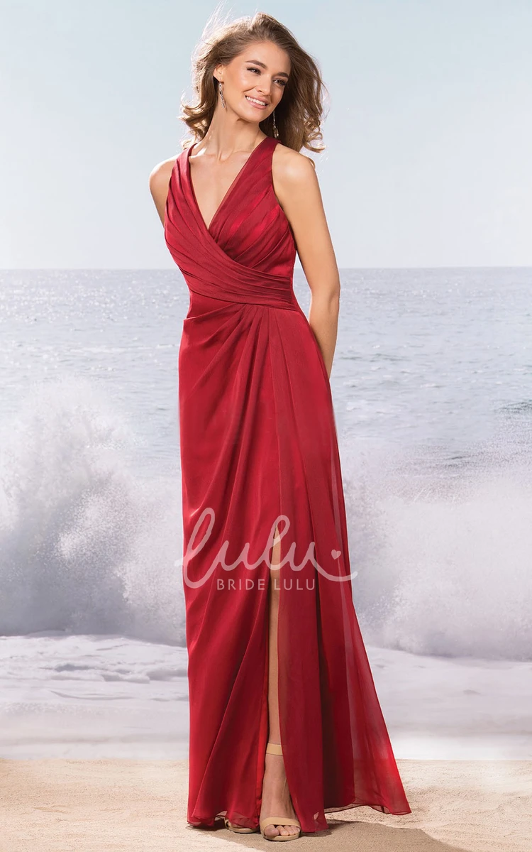 Long Bridesmaid Dress with Front Slit and Keyhole Back Sleeveless Formal Dress