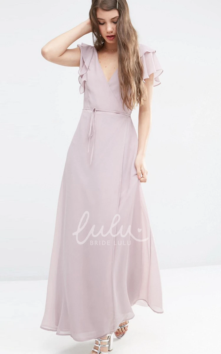 Split Front Chiffon Bridesmaid Dress with Poet-Sleeves and V-Neck in Ankle-Length Sheath Style