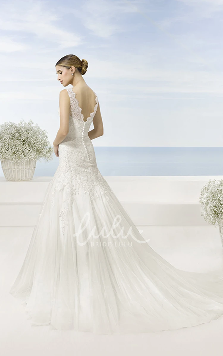 V-Neck Appliqued Long Lace&Tulle A-Line Wedding Dress Modern Bridal Gown