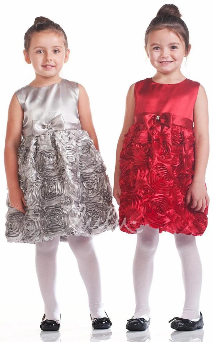 Bowed Satin Flower Girl Dress Knee-Length Tiered Casual