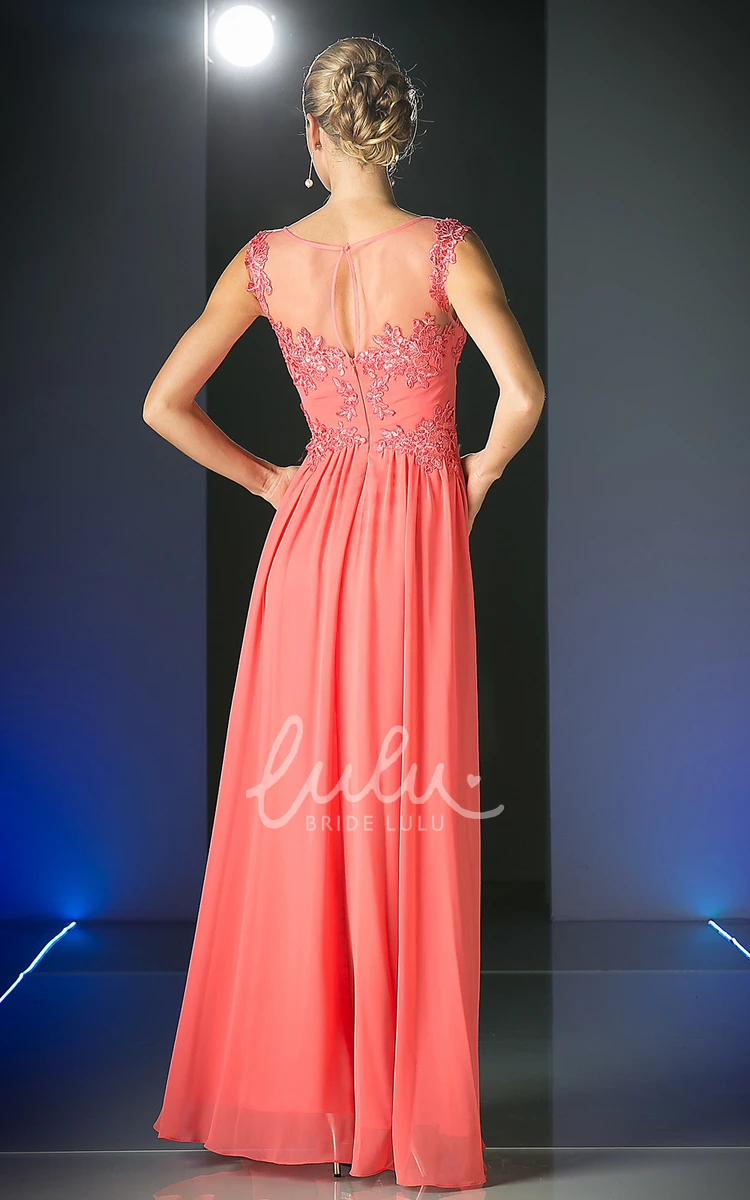 Scoop-Neck Sleeveless Sheath Dress with Appliques and Illusion in Chiffon Fabric