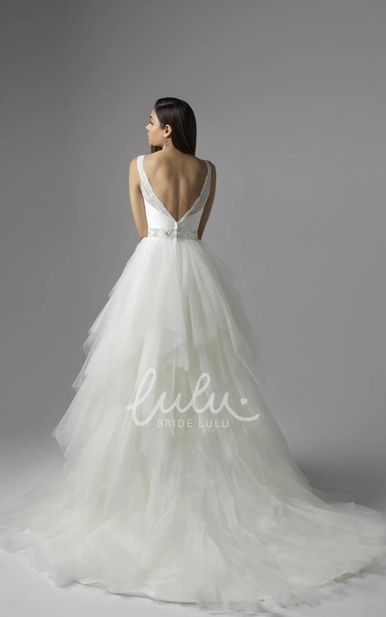 A-Line V-Neck Tulle&Lace Wedding Dress Cascading-Ruffle Sleeveless Bridal Gown with Waist Jewelry and Deep-V Back