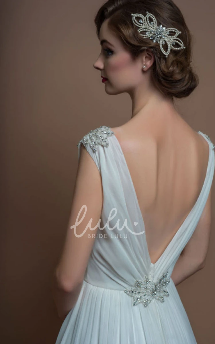 Chiffon A-Line Wedding Dress with Deep-V Back Waist Jewelry and Bateau Neck Sleeveless