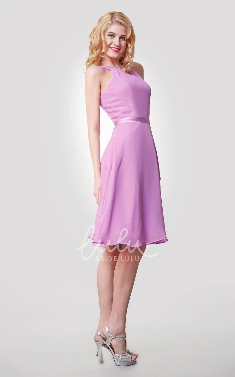 Knee Length A-Line Chiffon Dress with Straps and Satin Bow Sash for Women