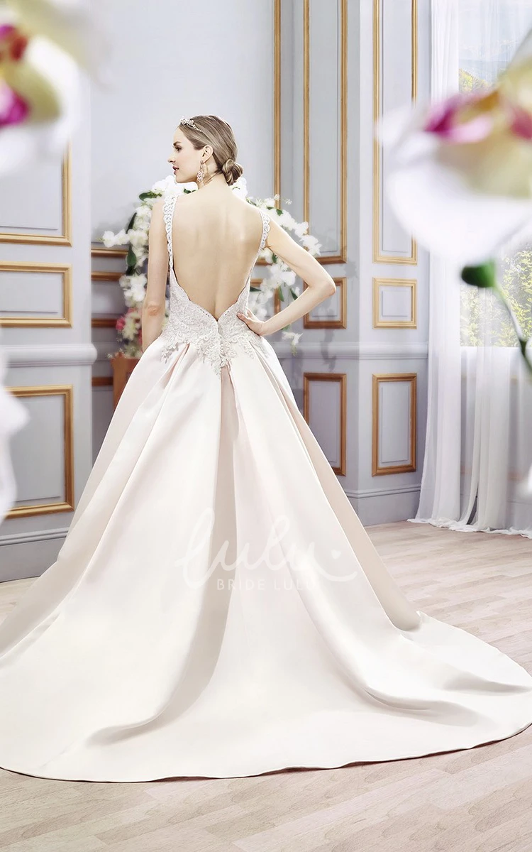 Satin&Lace Sleeveless Ball-Gown Wedding Dress with Appliques and Court Train