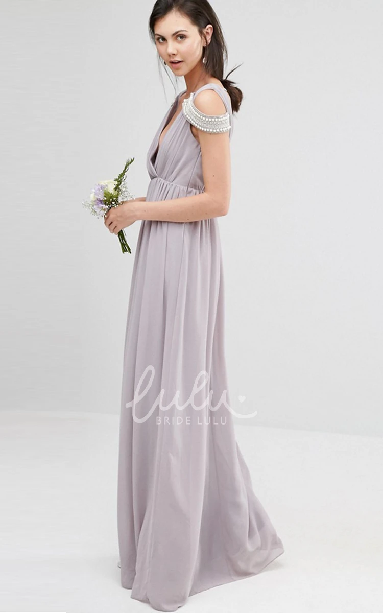 Beaded Sheath V-Neck Chiffon Bridesmaid Dress with Criss Cross Modern Prom Dress