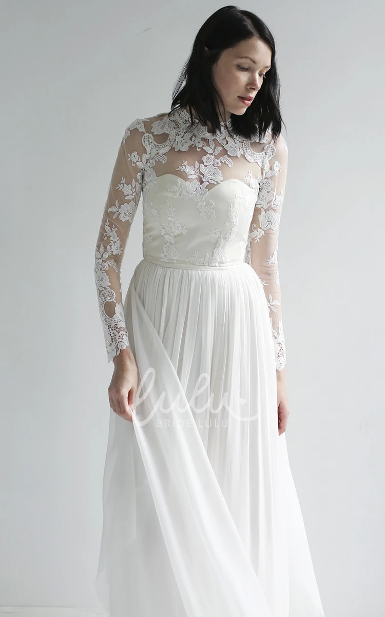 Vintage High Neck Lace Chiffon Wedding Dress with Long Sleeves