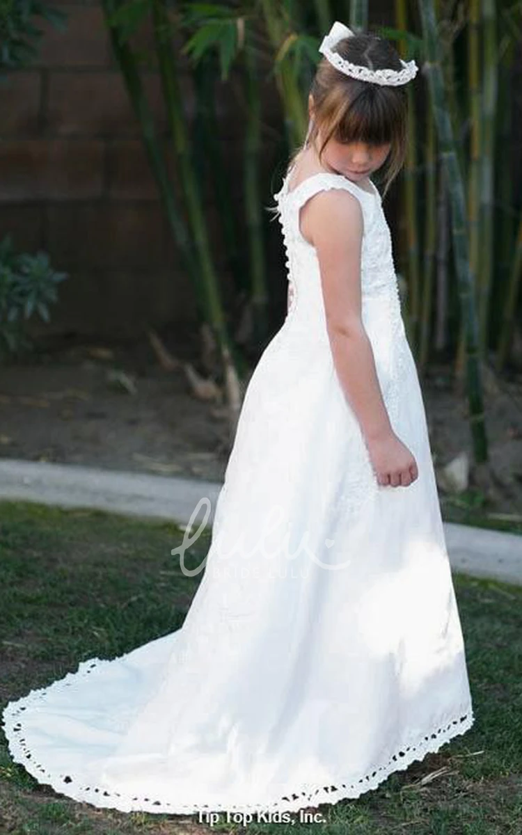 Embroidered Satin Flower Girl Dress with Court Train and Beaded Flowers Unique Wedding Dress for Girls