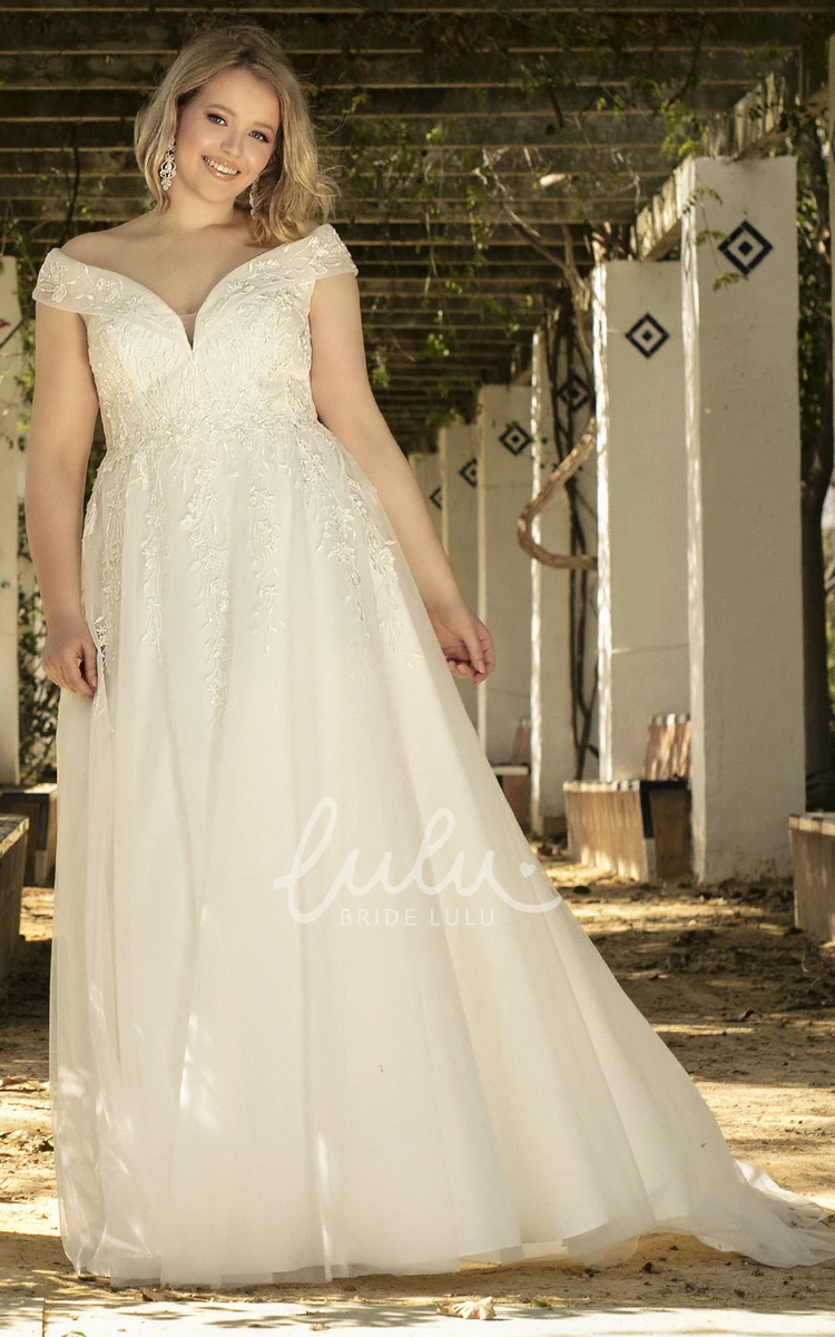 Off-shoulder V-neck A-line Wedding Dress with Appliques Casual & Chic