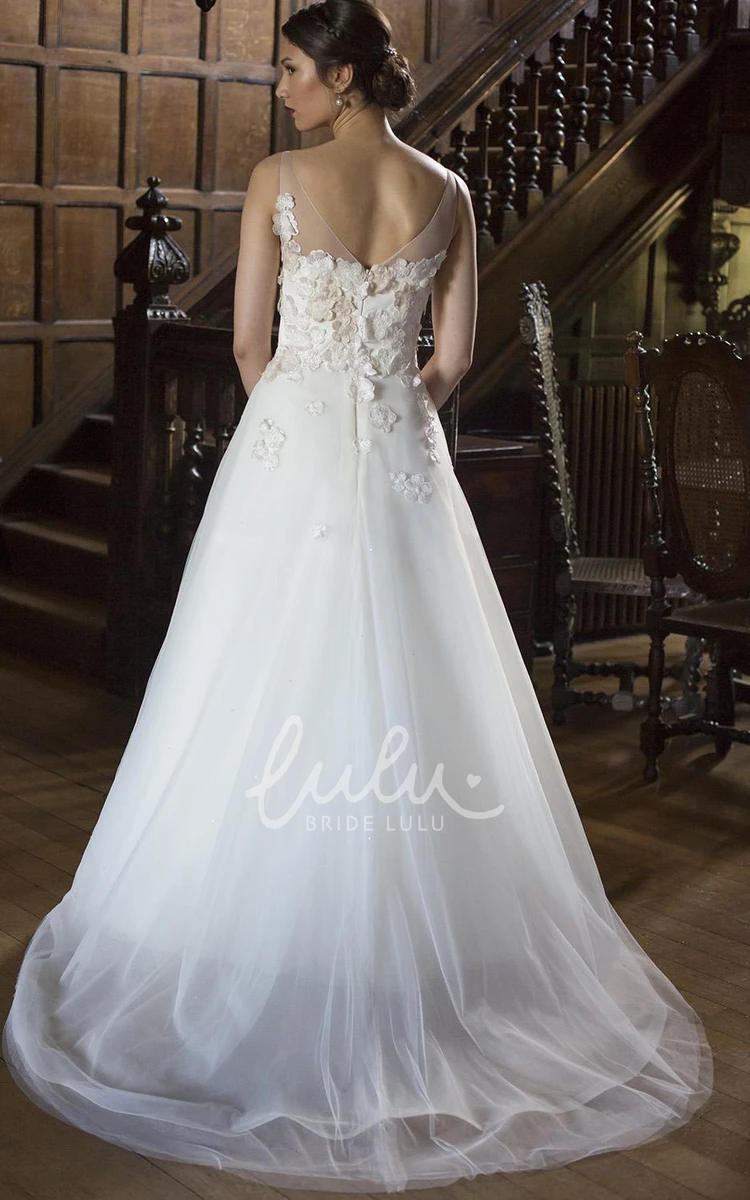 Sleeveless Bateau-Neck Organza & Tulle A-Line Wedding Dress with Floral Appliques Lovely Bridal Gown