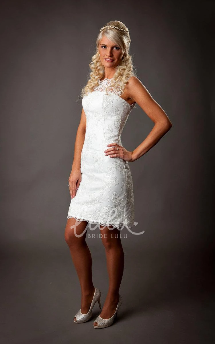 Short Sleeveless Lace Sheath Wedding Dress with Lace-Up Back