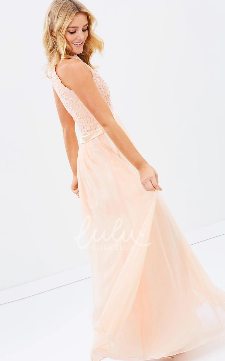 Chiffon Appliqued Bridesmaid Dress with Scoop Neck and Ribbon Sleeveless