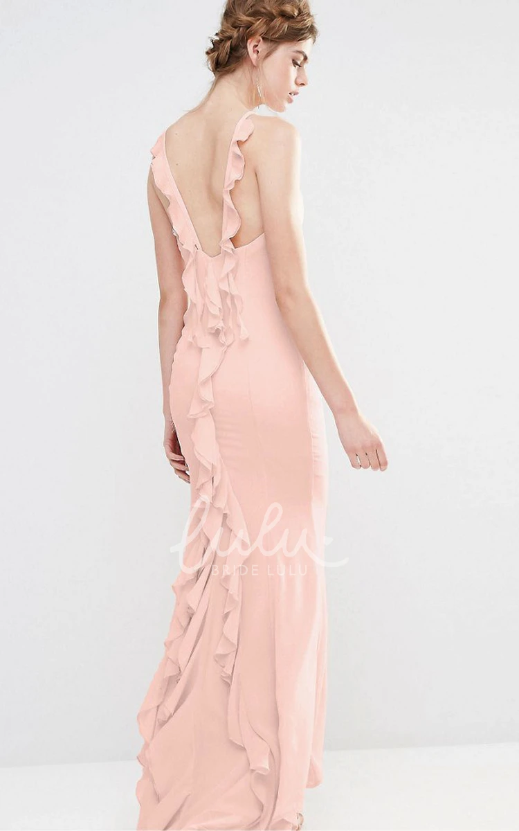 Jewel-Neck Sheath Chiffon Bridesmaid Dress Cascading Ruffles Floor-Length