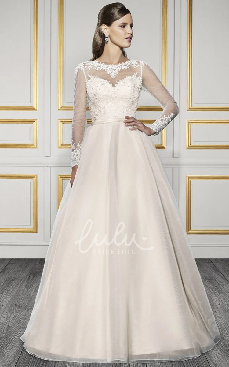 Appliqued Tulle Long-Sleeve Wedding Dress with Court Train Elegant Bridal Gown