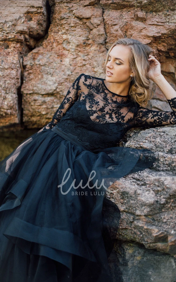 Long Sleeve Floor-length Scoop Appliques Lace Sash Black Wedding Dress