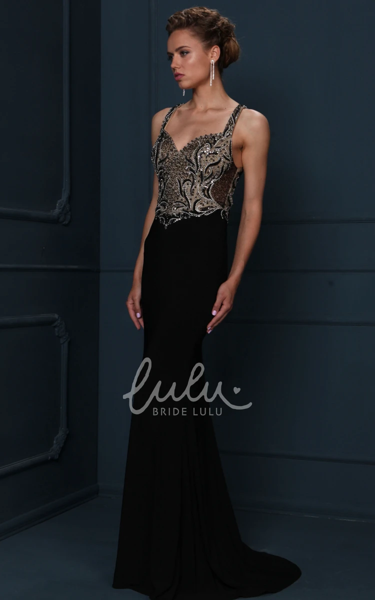 Strappy Sweep Train Evening Dress with Beaded Jersey Fabric
