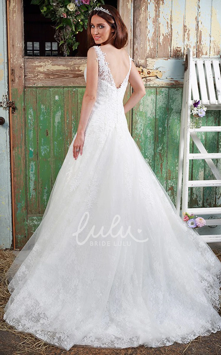 Appliqued Lace Sleeveless Wedding Dress with V-Neck and Floor-Length