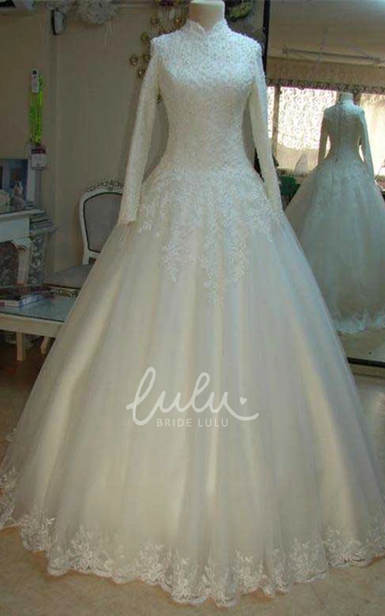 Lace Tulle Ball Gown Wedding Dress with High Neck Zipper