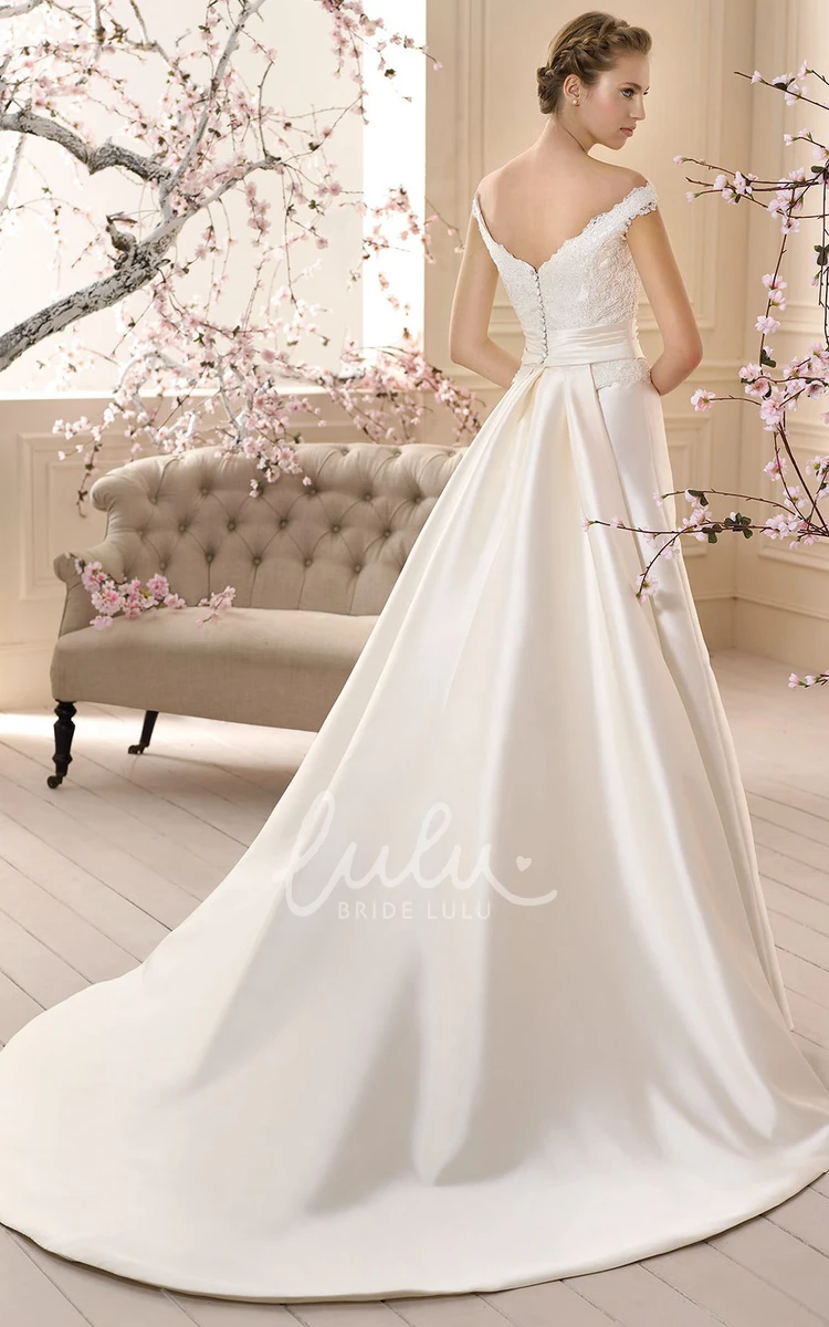 V-Neck Satin Wedding Dress with Appliques Floor-Length