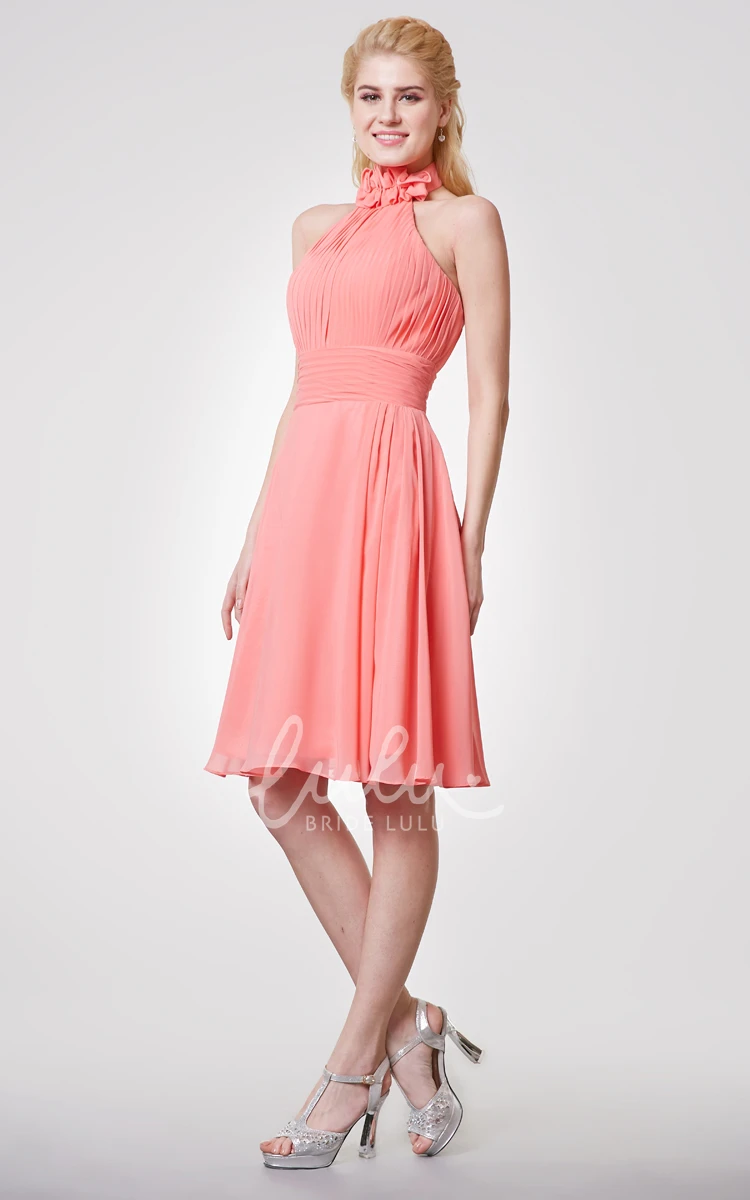 Knee Length Floral Chiffon Dress with High Neck and Pleats Women's Casual Bridesmaid Dress