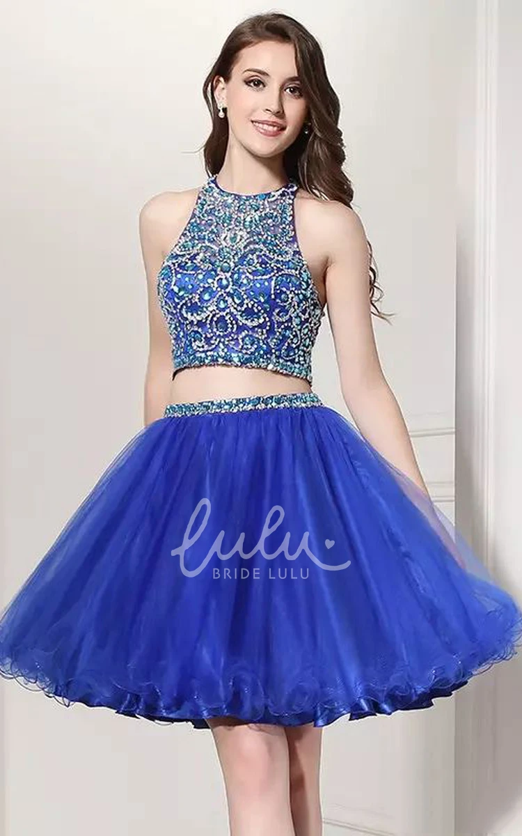 Two Piece Lace Homecoming Dress with Halter Neckline and Beading Pleats