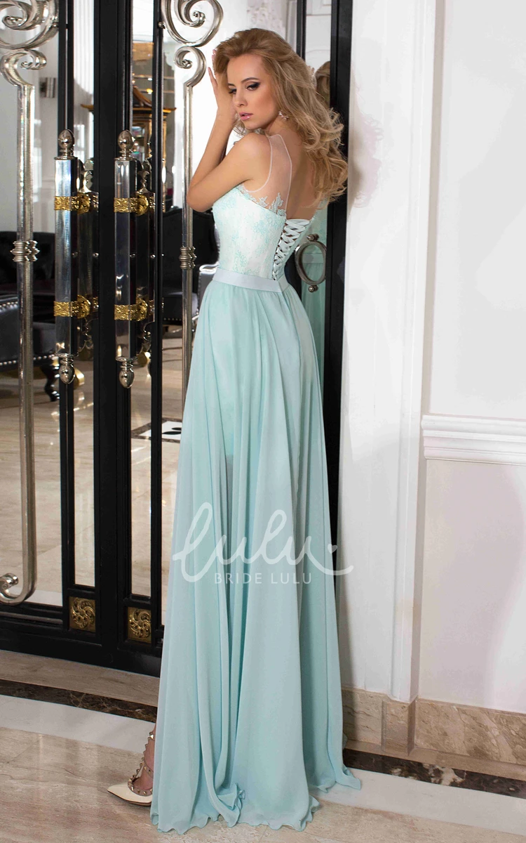 Sleeveless A-Line Chiffon Lace Formal Dress with Split Front and Corset Back