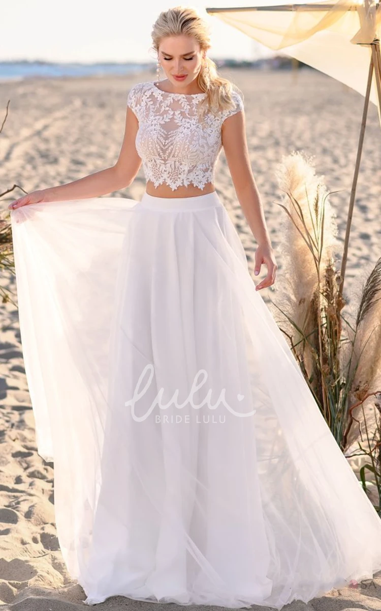 Two Piece Chiffon Lace Wedding Dress Simple Bateau Neck